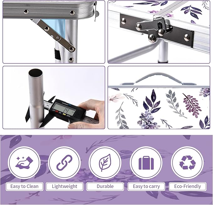 Yriuat Folding Camping Table 2ft Portable Pinic Table Adjustable Height Small Card Table Aluminum Foldable Lightweight with Carry Handle for Outdoor Indoor Hiking Camp BBQ Beach (Misty Lilac)