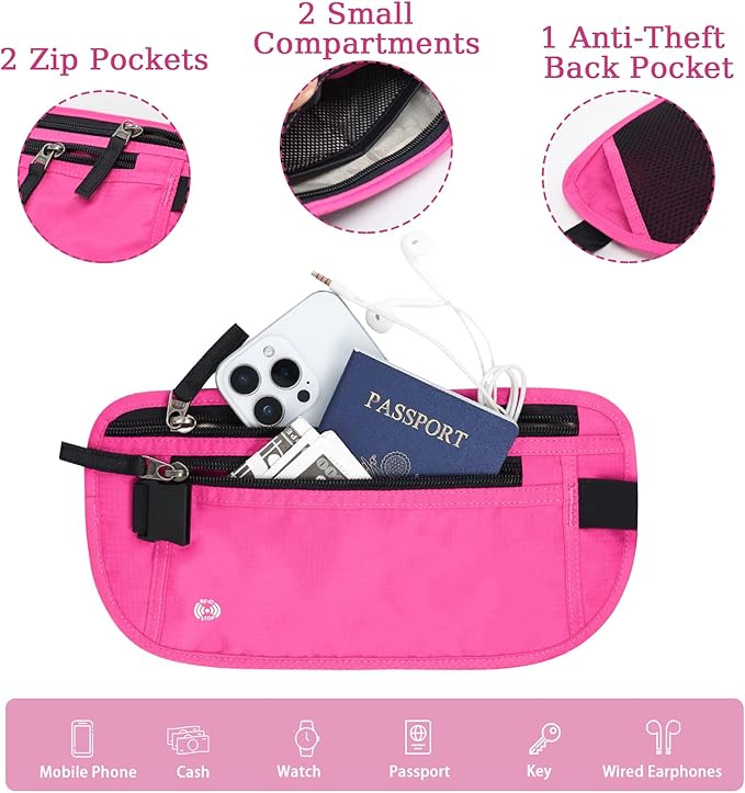 FuninCrea Waterproof Hidden Money Belt for Travel, Anti-Theft Belt Bag with RFID Blocking Function Adjustable Slim Waist Bag with 2 Zipper Pockets & 1 Back Pocket for Travel Running (B, Hot Pink)