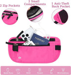 FuninCrea Waterproof Hidden Money Belt for Travel, Anti-Theft Belt Bag with RFID Blocking Function Adjustable Slim Waist Bag with 2 Zipper Pockets & 1 Back Pocket for Travel Running (B, Hot Pink)