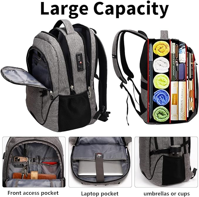 SHRRADOO Anti Theft Laptop Backpack Travel Backpacks with Combination Lock for Women Men College Backpack Computer Bag Fits 17 Inch Laptop,Grey