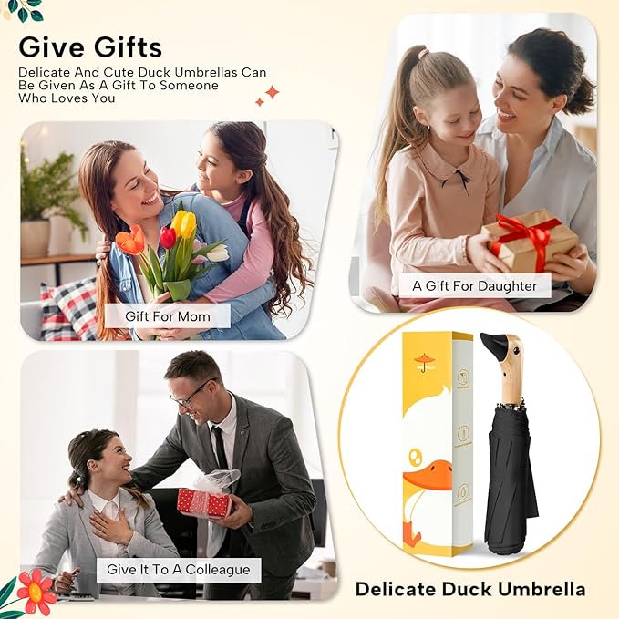 Compact Small Umbrellas for Rain&Sun, Cute Design Duck Head Umbrella for Girls Gifts, 8 Ribs Folding Umbrella with Wooden Handle