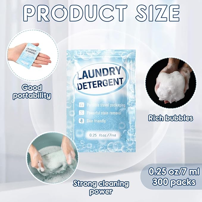 Leelosp 300 Pcs Individual Travel Laundry Detergent Bulk Travel Size Laundry Detergent Packets Portable Single Use Liquid Soap for Traveler Hostel Essentials Cleaning