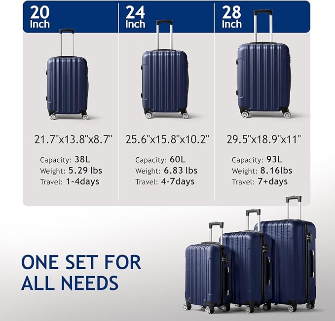 3 Piece Luggage Sets, Lightweight ABS Suitcase with 4 Spinner Wheels ＆ TSA Locks, Hardside Carry On Luggage Durable Suitcase Set for Family Travel Business - Tibetan Blue, 20/24/28
