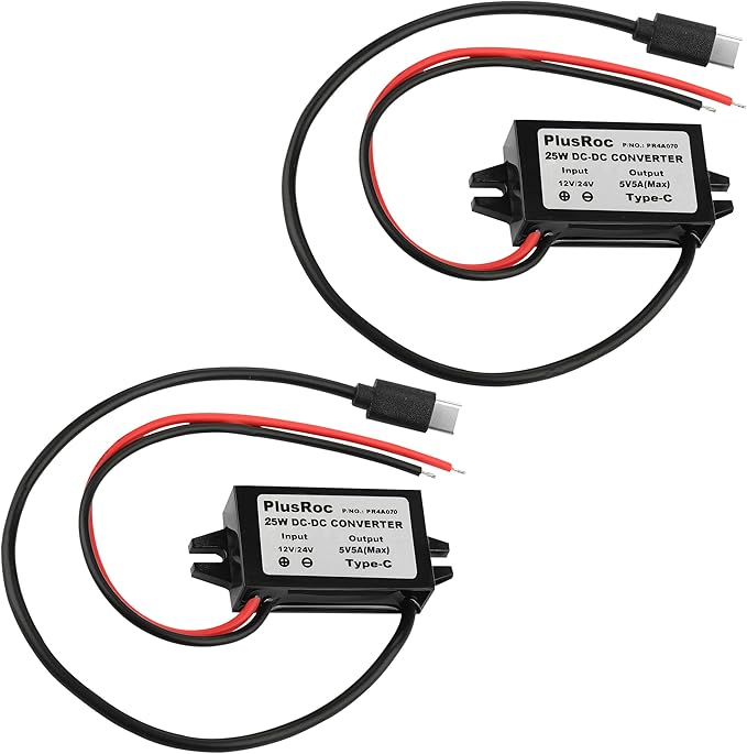 PlusRoc Waterproof DC 12V/24V to 5V 5A Step Down Converter, 25W USB-C Power Adapter for Raspberry Pi 5, Pi 4, Cellphone, and More (2-Pack)