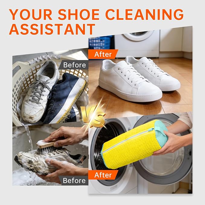2PCS Shoe Washing Machine Bgs,Laundry Shoe Bags for Washer and Dryer, Reusable and Durable Zipper Sneaker Shoe Washing Bag, Tennis Shoe Cleaning Bag for All Shoe Types (Yellow)