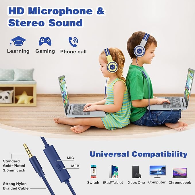 SIMOLIO On-Ear Headphones Kids for School with Wire, 75dB,85dB,94dB Volume Limited, Wired Headphones for Kids with Microphone, Great Choice for Classroom,Tablet,Airplane,Travel (Grey)