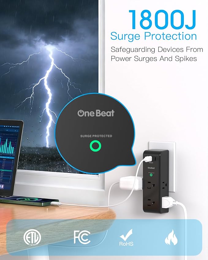 Surge Protector Outlet Extender with Rotating Plug, 6 AC Multi Plug Outlet with 3 USB Ports (2 USB C), 1800J Wall Charger Swivel Power Adapter with Spaced Outlet Splitter for Home Office Dorm, Black