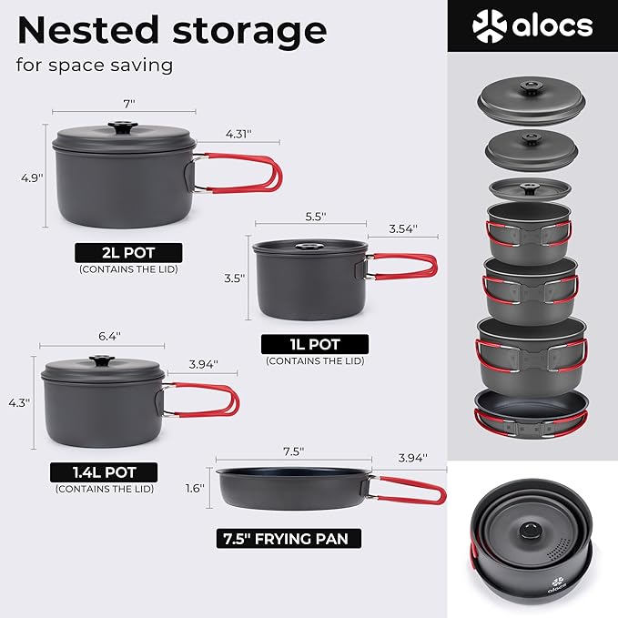 Alocs Camping Cookware Set Camping Gear, Compact Camping Pots and Pans Set, Durable Hard Alumina Camping Cooking Set for Outdoor Backpacking Camping Hiking Picnic, Included Mesh Carry Bag