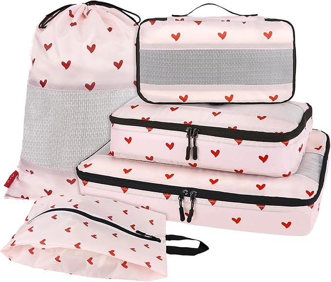 U+U 5 Set Packing Cubes for Travel Essentials Ultralight Luggage Packing Organizers with Laundry Bag and Shoe Bag for Vacation, Business Trip and Camping (Sweetheart Pink)