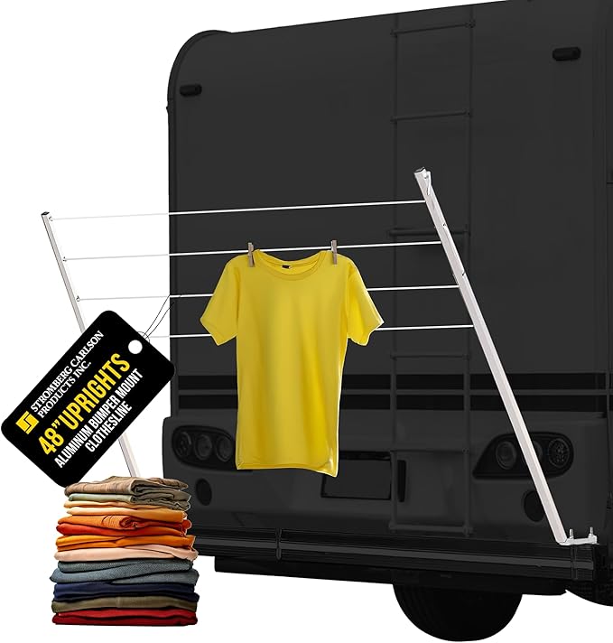 Stromberg Carlson CL-100 Bumper Mounted Clothesline - 48" aluminum foldable travel drying rack for RV Bumper, camper, and outdoor use; 84" hanging space, ideal RV clothesline and camping laundry rack.
