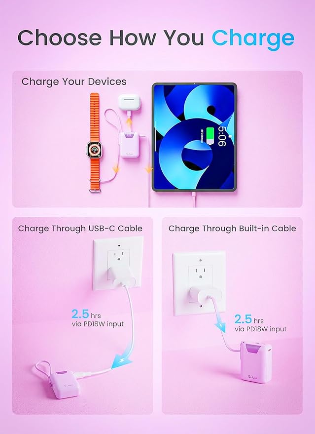 M1 Mini Portable Charger, 10000mAh Ultra-Compact Power Bank, 22.5W PD Fast Charging, Tpye-C Built-in Cable, Small External Battery Pack for iPhone, Samsung, Android iPad (Pink)