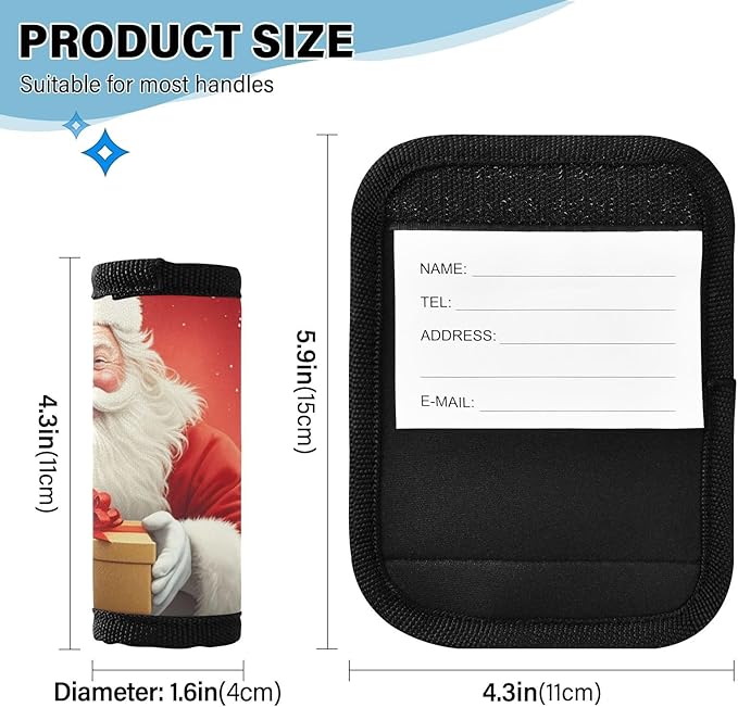 Christmas Santa Claus 4 Pack Neoprene Suitcase Wraps, Luggage Handle Wraps with ID Tag, Non-Slip Suitcase Handle Covers for Travel, Bag Strap Pad