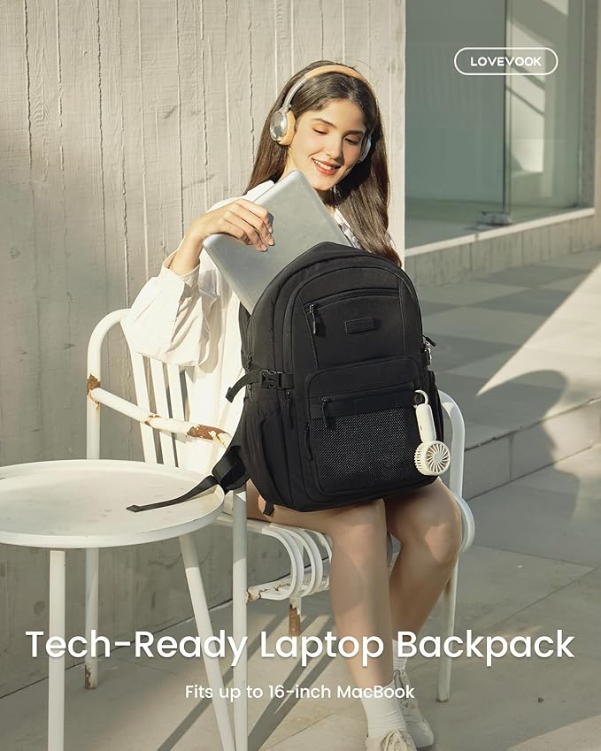 LOVEVOOK Laptop Backpack Women/Men with 40oz Cup Holder Buckle Strap, 15.6 Inch Tech-Ready Work Backpack, TSA-compliant for Travel & College with Versatile Mesh Pocket, Black