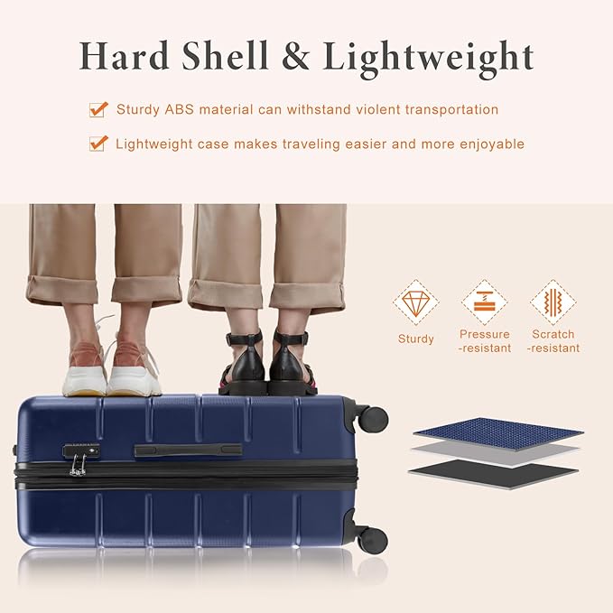 Sweetcrispy Carry on Luggage, Hard Shell ABS Suitcase with Double Spinner Wheels, Lightweight Expandable Rolling Suit Case with TSA Lock, 20 Inch Navy Blue