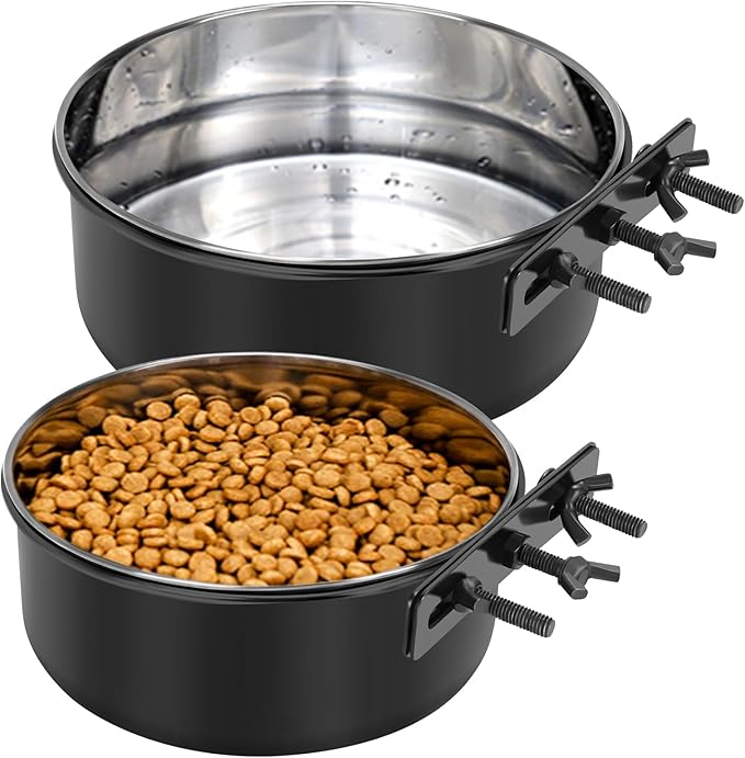 Dog Crate Water Bowl No Spill 2 Pack,Stainless Steel Dog Bowls for Food and Water, Pet Kennel Hanging Dogs Food Bowls for Medium/Large Dogs and Cats (7.1"x2.6" & 6.3"x2.6", Black)