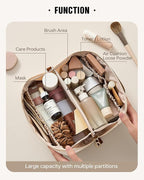 EACHY Travel Makeup Bag, Large Capacity Cosmetic Bags for Women, Waterproof Portable Pouch Open Flat Toiletry Bag Pattern Make up Bag (F-Beige)