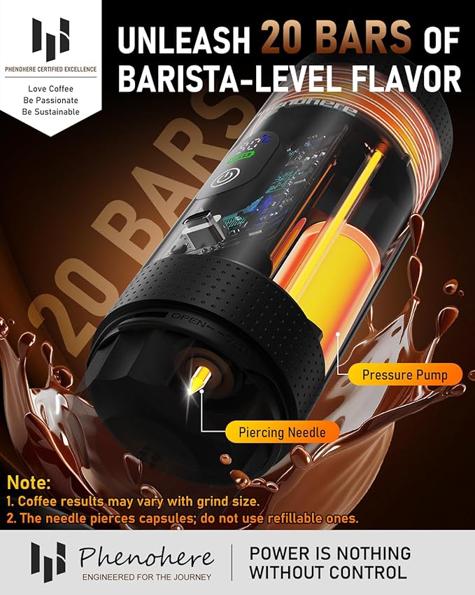 6-in-1 Portable Electric Espresso Machine–20Bar Self‑Heating camping coffee maker with 7500mA Battery,Display,compatible with Large/Small Capsules&Coffee Powder for Travel,Camping,Car&Office