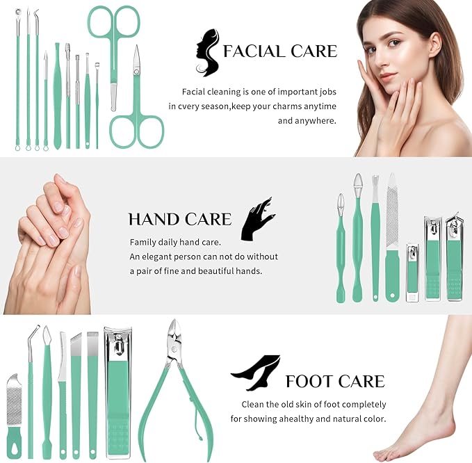 MINKINH Travel Manicure Set 26-Piece, Portable Nail Clippers Kit with PU Case, Carbon Steel Clippers, 410 Stainless Steel Grooming Tools, Hand Foot Facial Care for Luggage Backpack（Green）