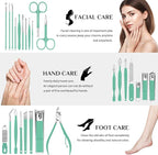 MINKINH Travel Manicure Set 26-Piece, Portable Nail Clippers Kit with PU Case, Carbon Steel Clippers, 410 Stainless Steel Grooming Tools, Hand Foot Facial Care for Luggage Backpack（Green）