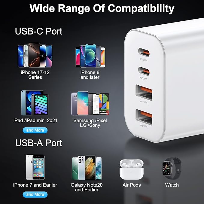 USB C Charger Block, 3-Pack 40W Wall Plug Fast Charging Block, 4-Port PD + QC Power Adapter Type C Charging Blocks Cube, Compatible with iPhone 17/17 Pro/17Pro Max/16/15/14/13/12/11, Tablets（White）