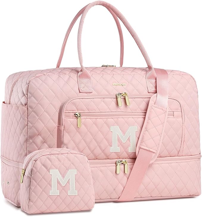 Initial Travel Duffle Bag for Women - Pink Personalized Weekender bags Overnight Bag with Shoe Compartment & Wet Pocket Weekend Tote Bags with Toiletry Bag Monogram Christmas Gifts (Letter M)