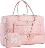 Initial Travel Duffle Bag for Women - Pink Personalized Weekender bags Overnight Bag with Shoe Compartment & Wet Pocket Weekend Tote Bags with Toiletry Bag Monogram Christmas Gifts (Letter M)