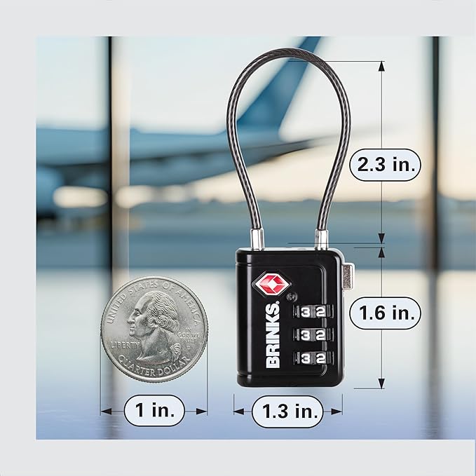 Brinks TSA Accepted Indicator Luggage Lock, Black - Resettable 3-Dial Combination, 2.5 inch Long Cable Shackle, New More Secure TSA008 Key, 4 Pack