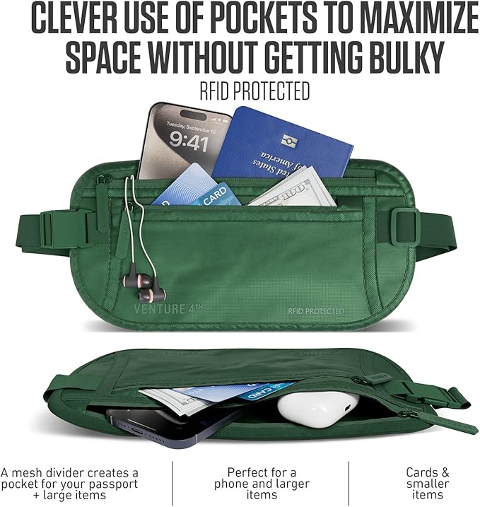VENTURE 4TH Money Belt for Travel – Slim Hidden Under-Clothes RFID Blocking Anti-Theft Passport Holder & Travel Wallet Pouch for Men & Women to Protect Cash, Cards & Documents (Sleek Army Green)