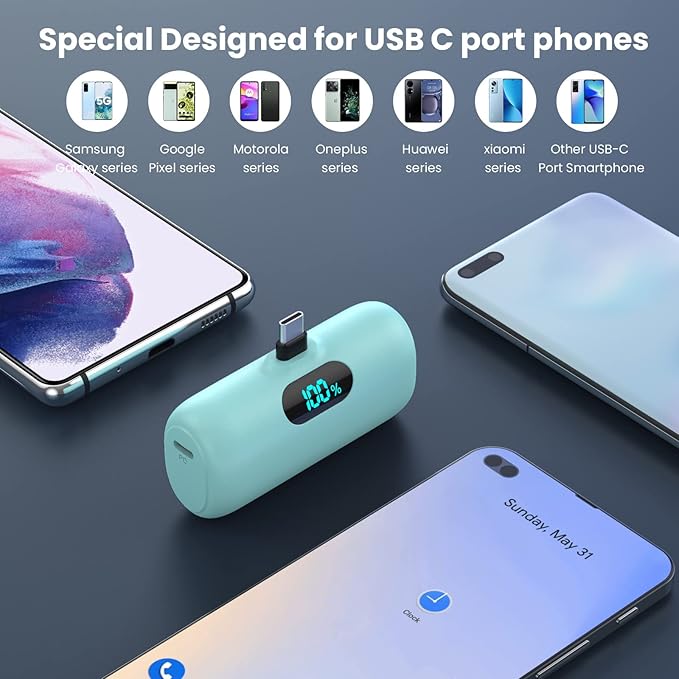 Feob Mini Portable Charger 5000mAh Power Bank,15W PD USB C Cell Phone Portable Power,LCD Display Battery Pack Compatible with iPhone 17/Air/17 Pro/17Pro Max/16/15 Android/Samsung/Moto(Type-C Only)