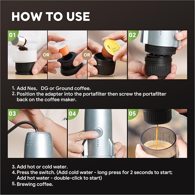 3 in 1 Portable Electric Espresso Machine On the Go with Detachable Coffee Stand, Car Coffee Maker Self-Heating with USB-C, For Travel Camping and Hiking With Ground Coffee & NES PRES*O/DG Pod