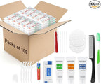 100 Sets Travel Toiletries Kit Bulk, 9-in-1 Disposable Personal Hygiene Kit with Toothbrush,Toothpaste,Floss,Shampoo,Shower Gel,Conditioner,Soap,Comb, and Vanity Kit for Hotel Guest Donations Supplies