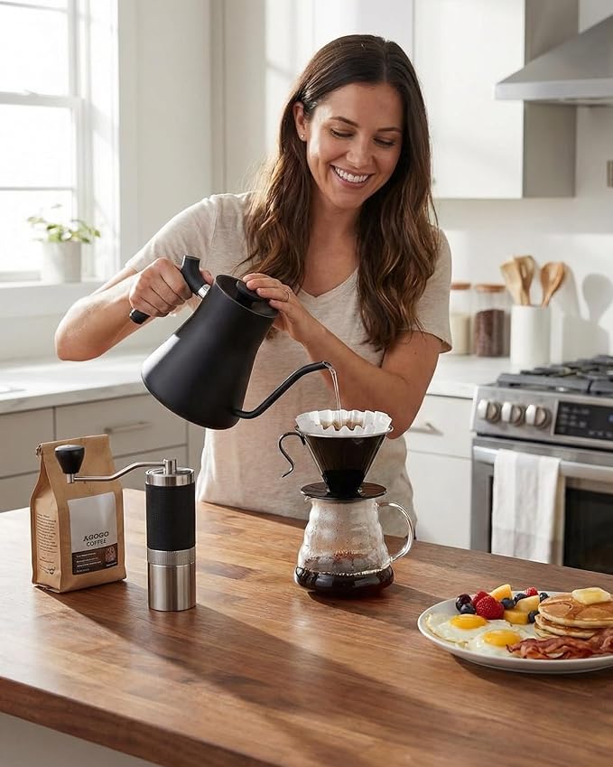 AGOGO V60 Coffee Dripper - Unbreakable 304 Stainless Steel Pour Over Cone for Travel & Camping, Includes 50 Paper Filters & Barista Towel - Black