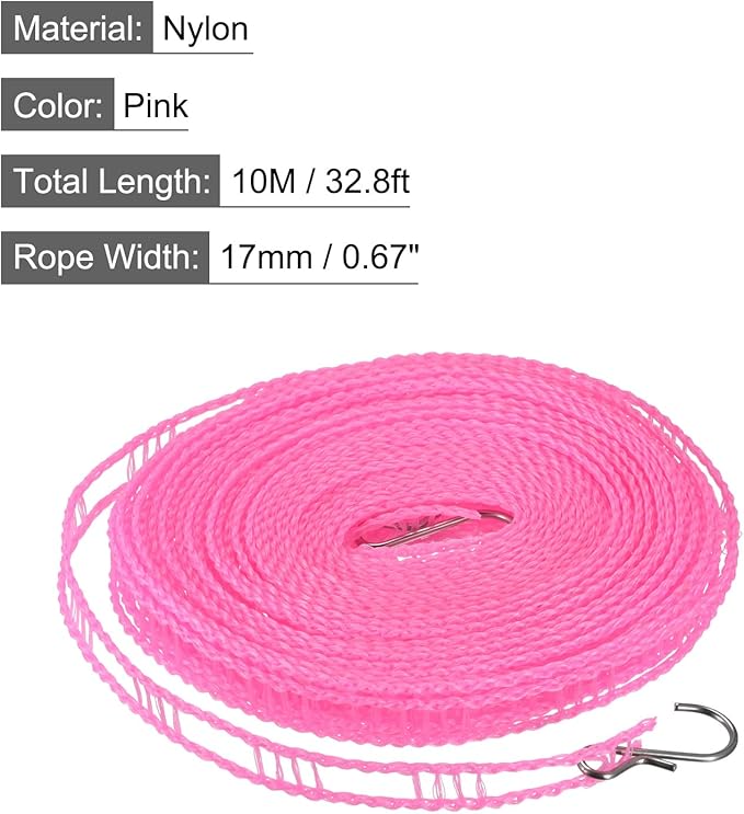 uxcell Portable Clothesline, 32.8ft Nylon Windproof Non-Slip Washing Line Rope for Courtyard Outdoor Travel Camping Laundry Drying, Pink