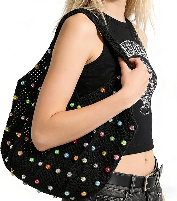 Boho Crochet Beach Tote Shoulder Bag with Colored Beads | Colorful Aesthetic Hippie Knit Bag for Women