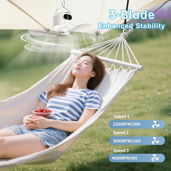 Camping Fan 10400mAh Battery Operated, USB Rechargeable Tent Fan with Remote Control,3 Detachable Blades, LED Light, 3 Speeds, Timer, Portable Ceiling Fan for Camping(White)