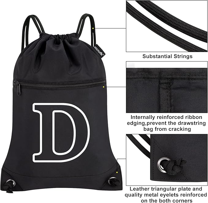 HOLYLUCK Drawstring Bags Initial Backpack Sackpack Cinch Bags for Sports, Gym, Travel, Beach (Black-D)