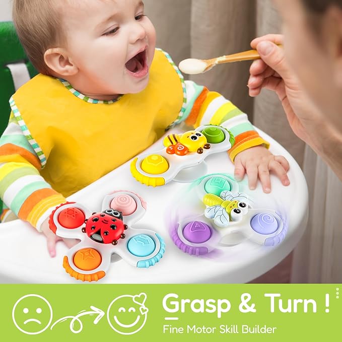 ALASOU 3PCS Pop Suction Cup Spinner Sensory Airplane Travel Toys for 1 Year Old Boy Girl Infant Toddlers|Novelty Spinning Tops 12 18 Months|1 2 Year Old Boy Birthday Gift|Baby Bath Toy Kids Ages 1-3