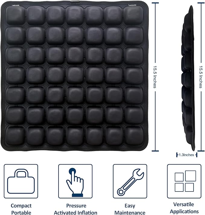Inflatable Seat Cushion for Airplane Travel Portable Air Seat Cushion Pressure Relief with 49 Airbags TPU 15X15 Inches Black 1PSC