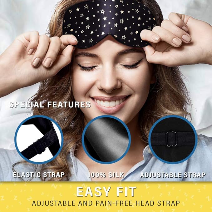 Silk Sleep Eye Mask for Men Women, Comfortable Super Soft Eye Mask with Adjustable Strap, 100% Pure Silk, Works with Every Nap Position, Ultimate Sleeping Aid Blindfold, Blocks Light, Jersey Slumber