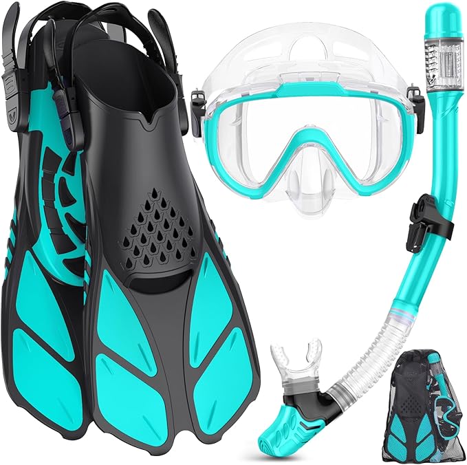 Ubekezele Snorkeling Gear for Adults Men Women,4 in 1 Snorkel Set with Panoramic View Diving Mask Anti-Fog Anti-Leak,Dry Top Snorkel,Fins and Travel Bag for Swimming,Snorkeling and Travel Diving