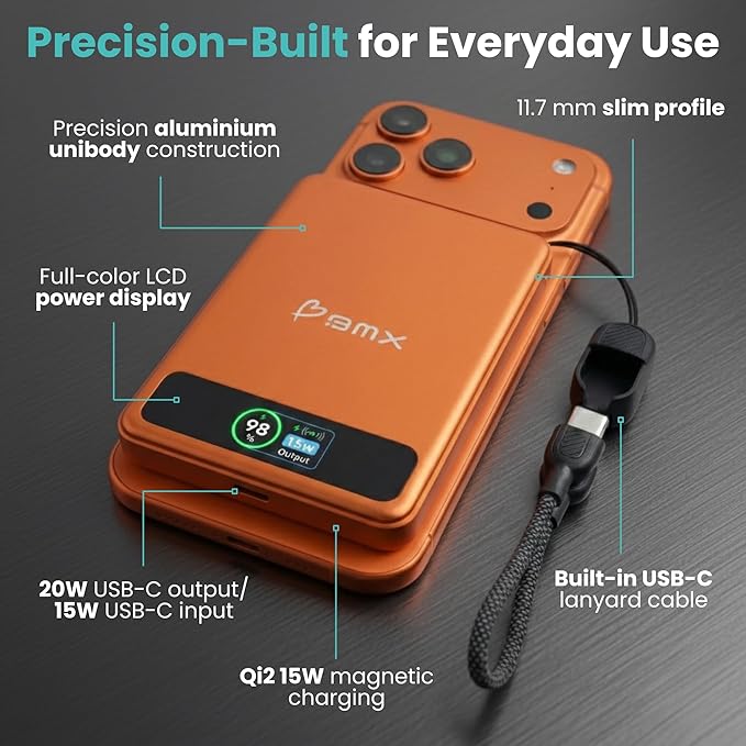 5K Magnetic Power Bank, Orange, Qi2 Certified 15W Wireless Charger, LCD Display, Ultra-Slim Solid-State Battery Pack for iPhone 17/16, Lightweight Travel, Everyday Use USB-C Portable Charger