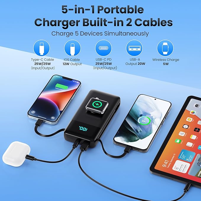 AONIMI Portable Charger 40800mAh Power Bank with 2 Built in Cables and Apple-Watch Charger, 25W PD Fast Charging USB C Battery Pack, 5 Output 2 Input Phone Charger for iPhone 17/16/15,Android