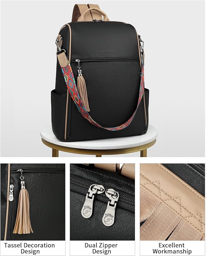FADEON Leather Laptop Backpack for Women Designer 15.6 inch PU Laptop Bag, Ladies Travel Computer Work Backpack Black