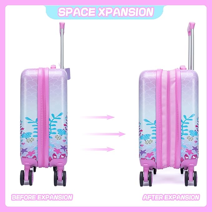 Cute Pink Mermaid Kid’s Luggage Set 2 Piece Suitcase Set 16’’ Hardside Luggage with Spinner Wheels Girls Boys Carry on Toddler Luggage Travel Rolling Luggage Carry on Luggage Airline Approved