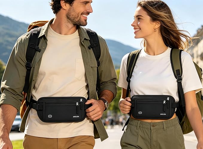 Money Belt - Slim Passport Holder RFID Blocking Travel Wallet Undercover Fanny Packs for Men Women - Black