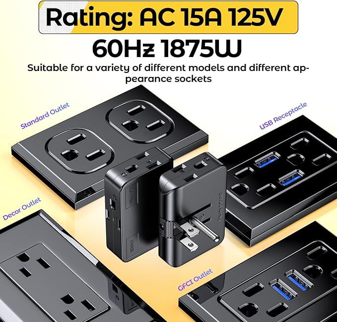ETwinCoo Black 2-Prong to 3-Prong Adapter, Swivel Polarized Grounding Converter with Flat Wall Plug, Fireproof 3-Outlet for Household Use (2 Pack)