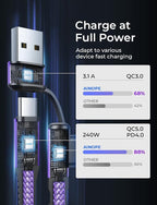 AINOPE 240W Long USB C Cable Multi 4 in 1 Charging Cable Fast Charging C Type Charger Fast Charge USB to USB C,Right Angle Fit iPhone 16 15 Pro Max iPad Samsung 10FT Purple