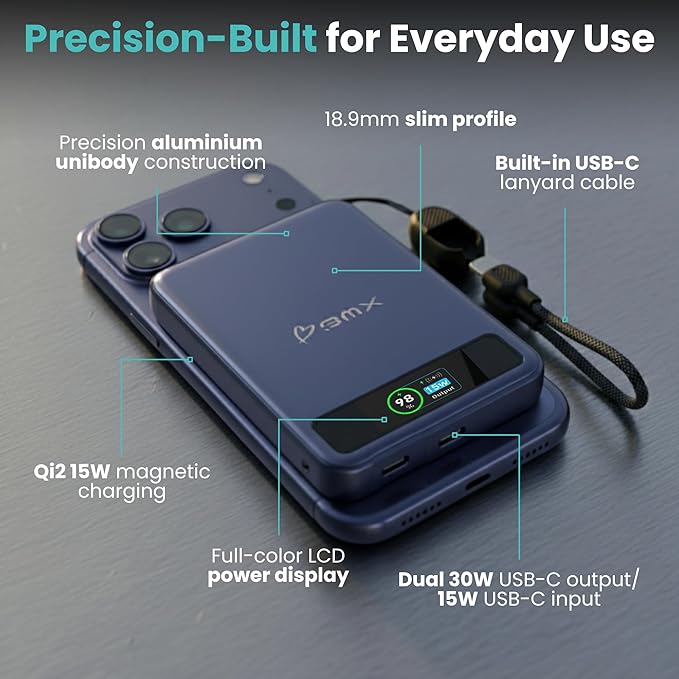 10K Magnetic Power Bank, Blue, Qi2 Certified 15W Wireless Charger, LCD Display, Solid-State Battery for Safer Travel, Ultra-Slim USB-C Fast Charging Portable Charger for iPhone 17/16/16