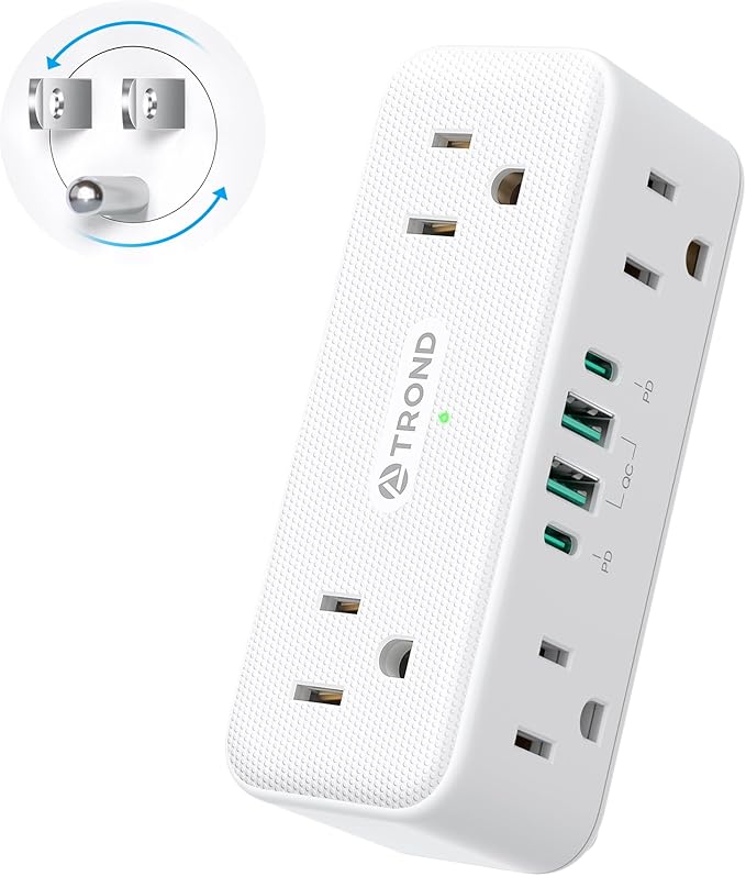TROND Outlet Extender Surge Protector with 360 Rotating Plug, Multi Plug Wall Outlet with 6 Grounded Sockets and PD20W USB C Charger, 900J, Sideways Plug Adapter for Tight Space in Kitchen Bathroom