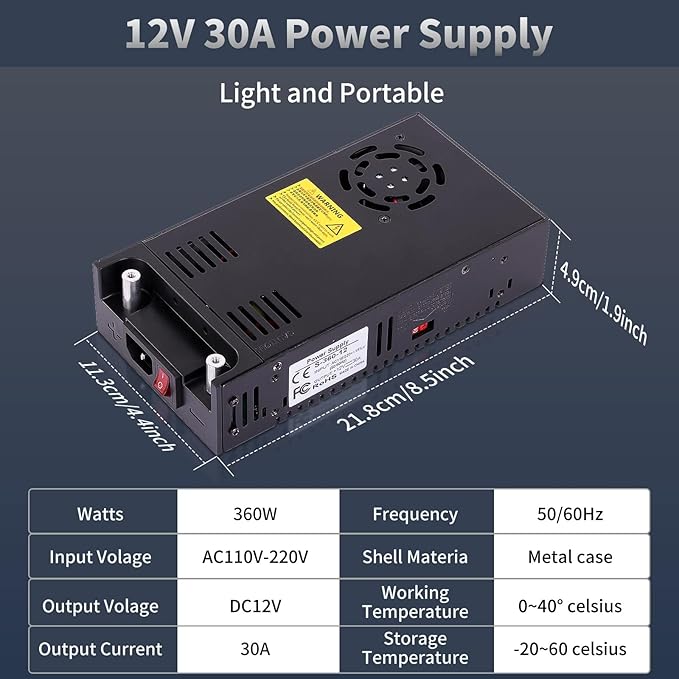 12V Power Supply 360W 30A, AC to DC Converter 110v to 12v dc Power Supply Adjustable Universal Transformer for RV, Radio/Car Stereos, LED Strip, CCTV, Computer Project, 3D Printer